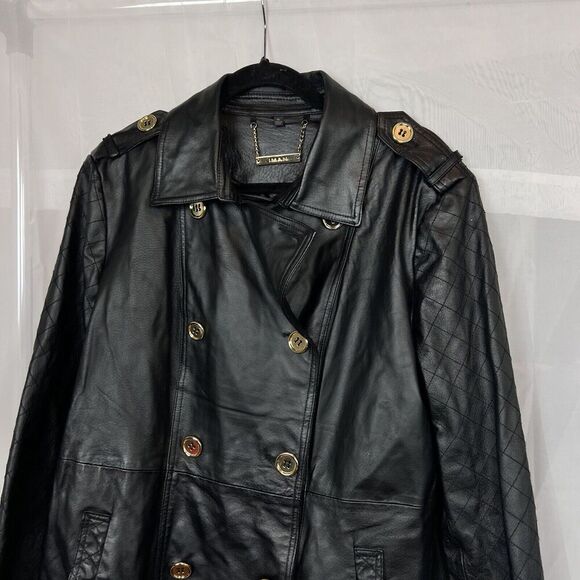 Iman black genuine leather jacket quilted gold button XL quiet luxury classic - Picture 2 of 10
